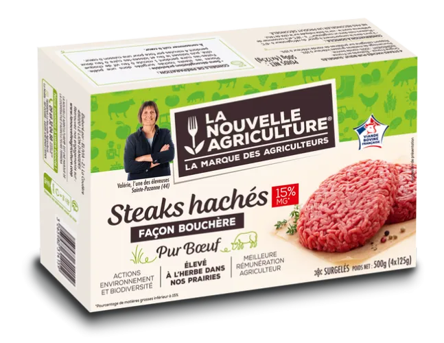 LE STEAK HACHÉ SURGELÉ 15% PUR BŒUF FAÇON BOUCHÈRE LA NOUVELLE AGRICULTURE®