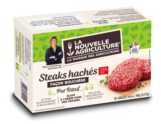 LE STEAK HACHÉ SURGELÉ 15% PUR BŒUF FAÇON BOUCHÈRE LA NOUVELLE AGRICULTURE®